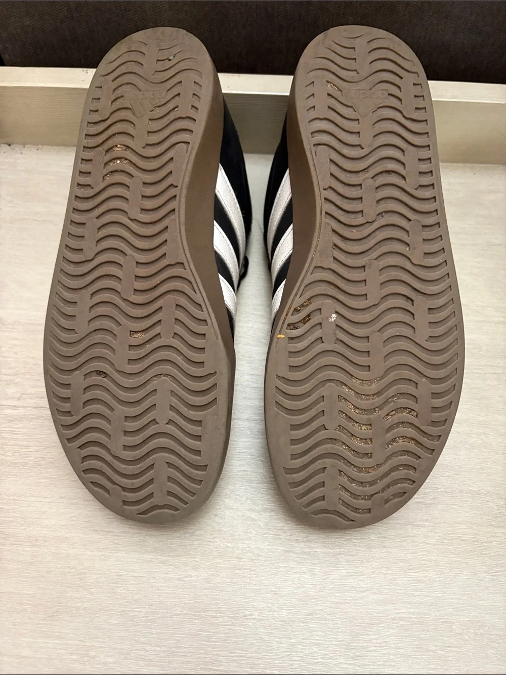 adidas Black Sneakers with White Stripes and Brown Gum Sole